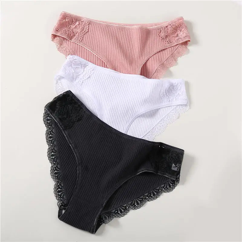 3PCS/Set 6 Color Women Panties Cotton Lace Briefs Solid Color for Female Striped Sexy Cotton Underwear Lingerie Low Waist Flower