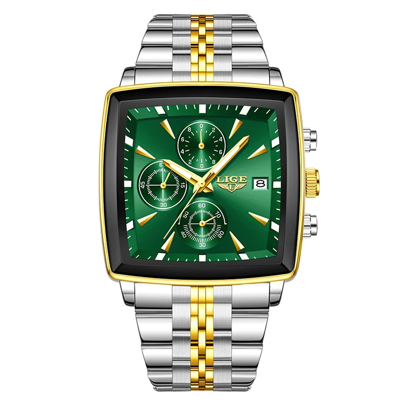 LIGE Business Men's Watches Square Waterproof Luminous Sports Quartz Watch Stainless Steel Strap Calendar Relogios Masculino+Box