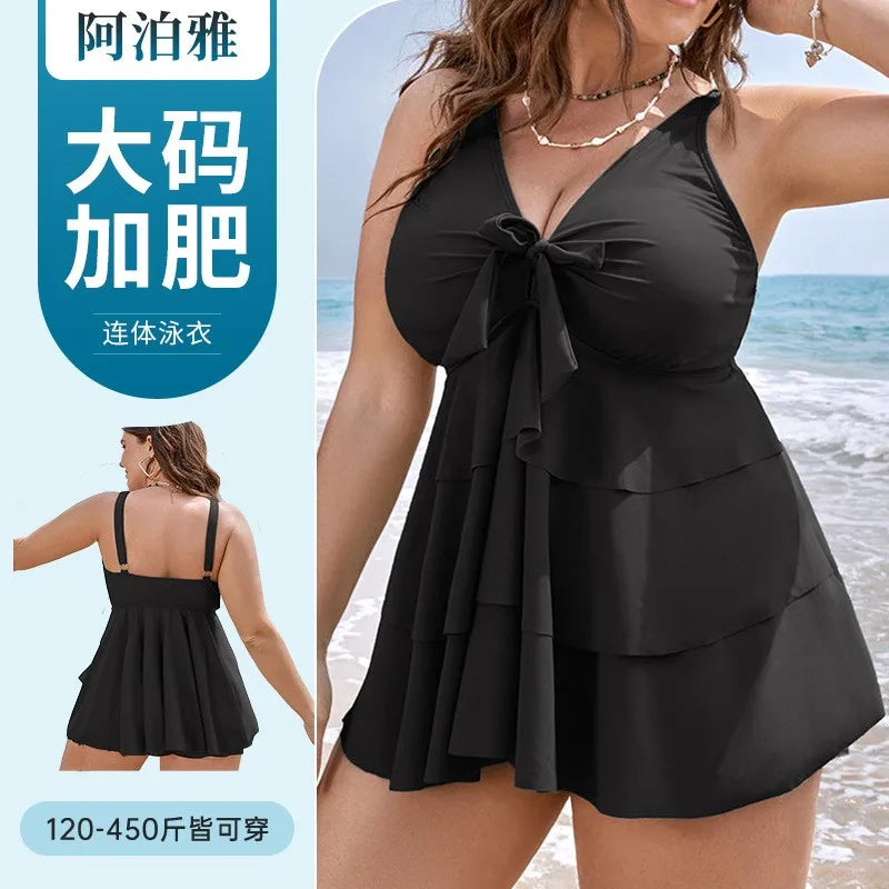Woman Tankini Swimsuit Sleeveless Swimwear Plus Size High Waist Bathing Suit Ruffled Skirt Solid Black Swimsuit Two Tummy
