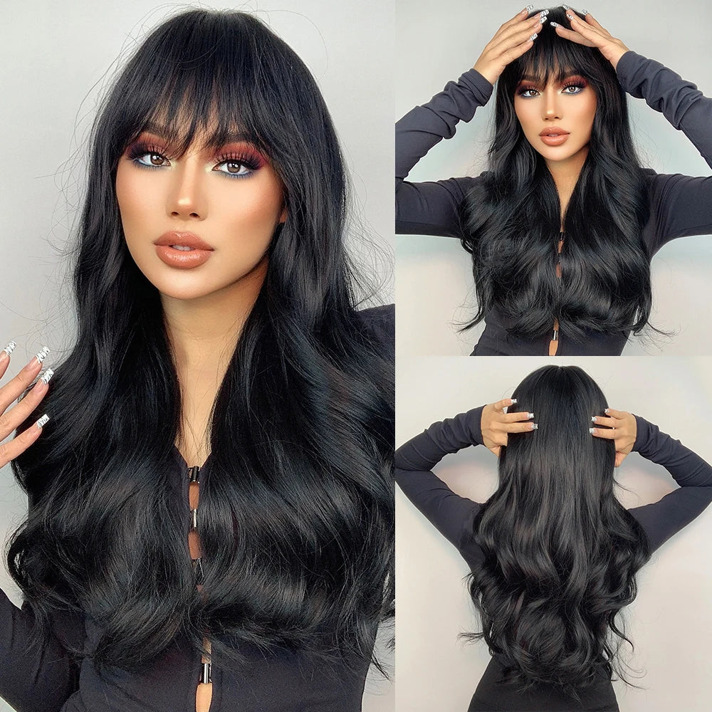 LOUIS FERRE Long Wavy Ombre Brown Wig with Bangs Synthetic Hair Wig Heat Resistant Daily Wear Office Party Cosplay Halloween