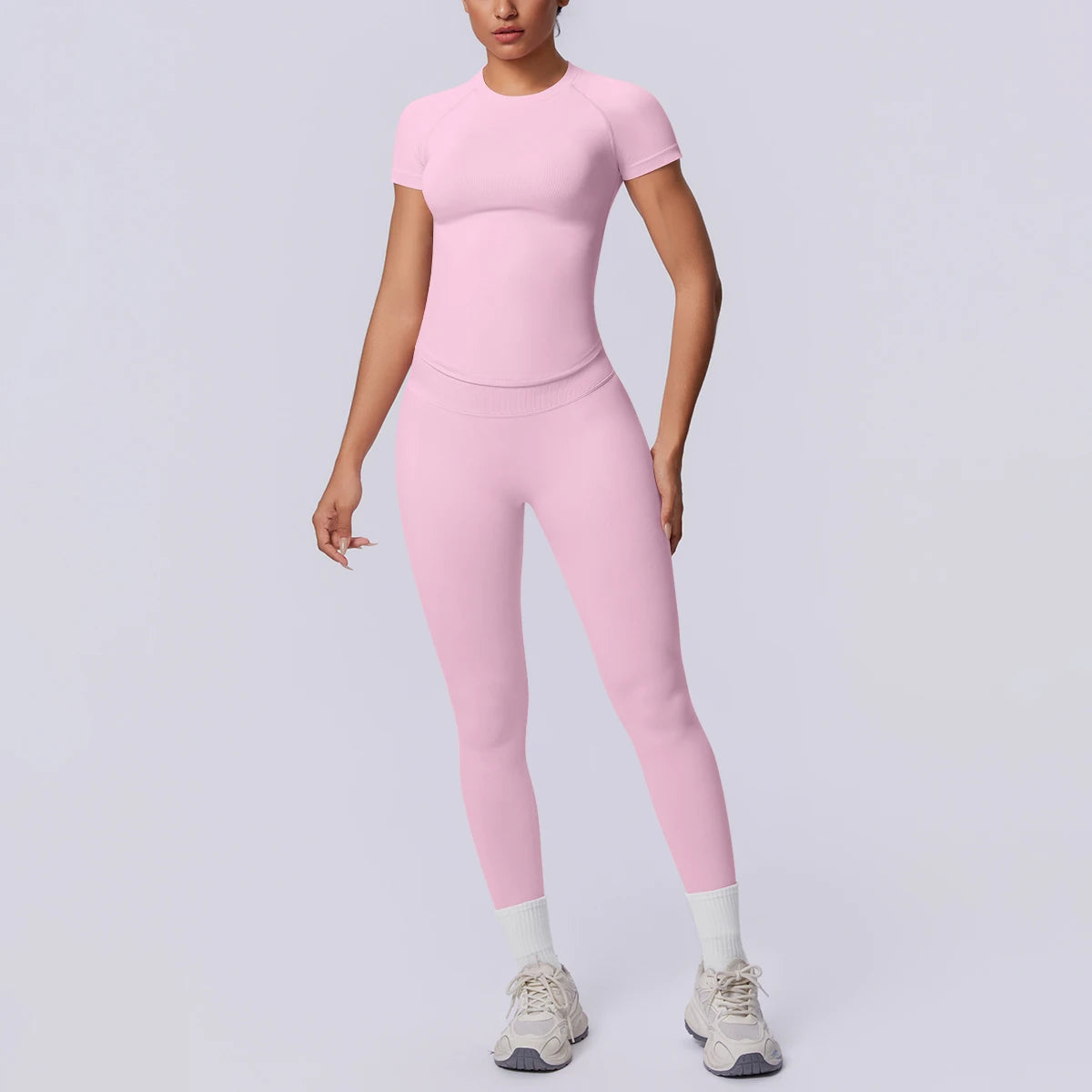 Rooftrellen New 2PCS/set Yoga Set Summer Quick Drying Fitness Sports Workout Top T-Shirt High Stretch Seamless Yoga Leggings Set