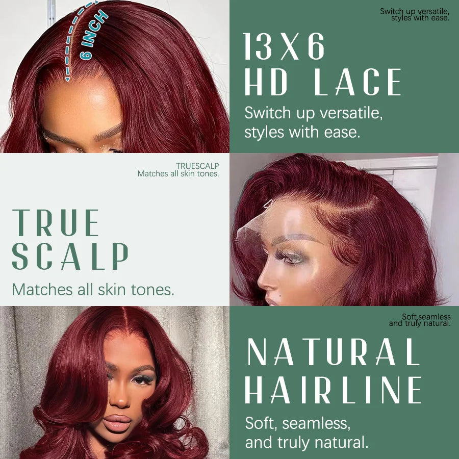 Body Wave Burgundy 40 Inches Long-length 200% High Density 13x6 13x4 HD Transparent Lace Frontal Wig Human Hair Wigs 99J Wine Red Pre Plucked Brazilian Hair For Women
