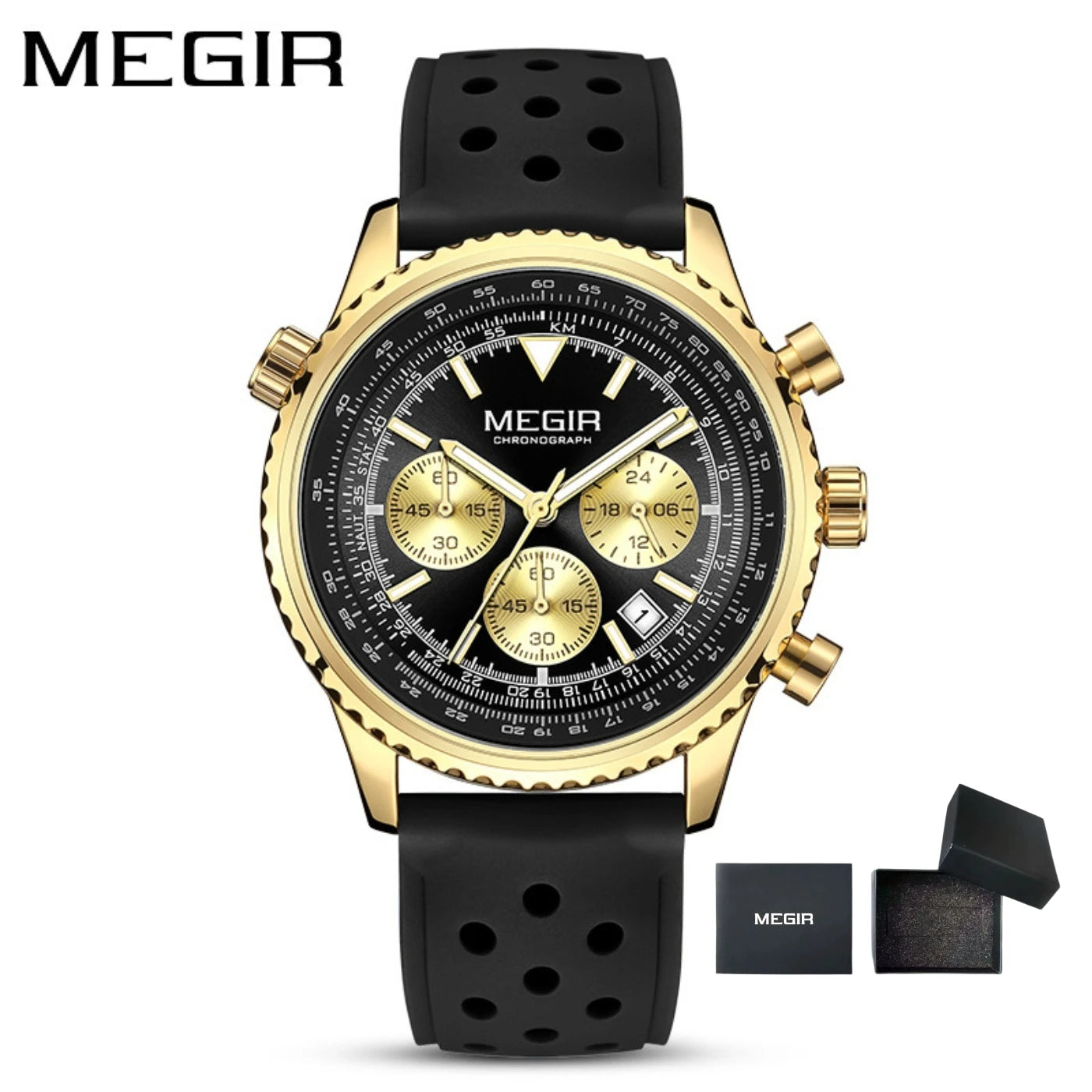 MEGIR Silver Black Quartz Watch Men Military Sport Chronograph Wristwatch with Silicone Strap Luminous Hands Auto Date 2236