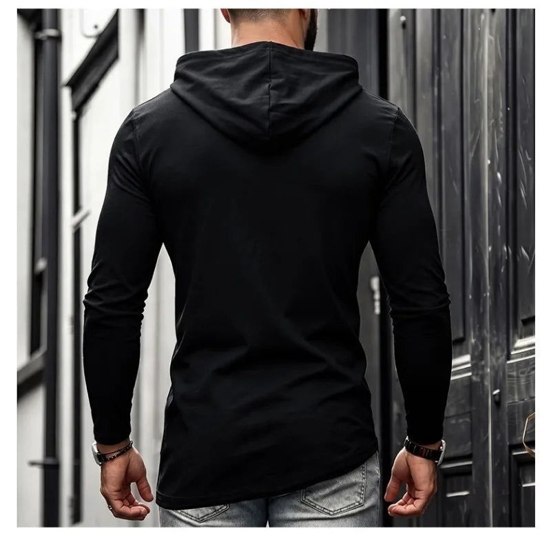 Men Solid Casual Hooded Long Sleeve T Shirt Soft Cotton Irregular Hem Daily Outdoor Top S 3XL