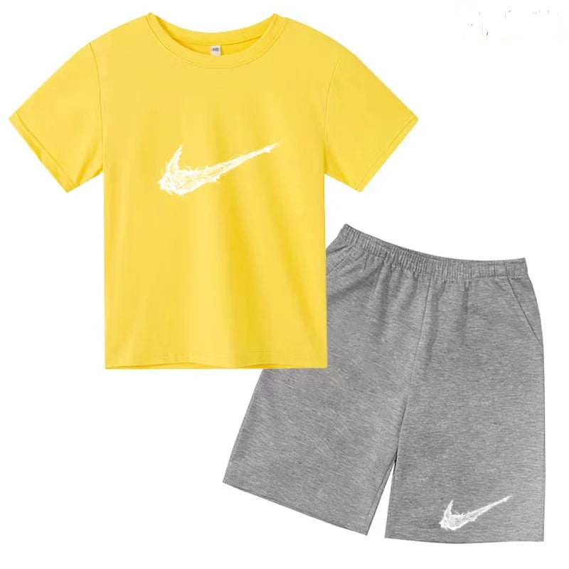 Summer Brand White T-shirt+Shorts Two-piece Set Kids New Clothing Fashion Letter Boy Girl3-13Yrs Sports Short-sleeved Casual Set