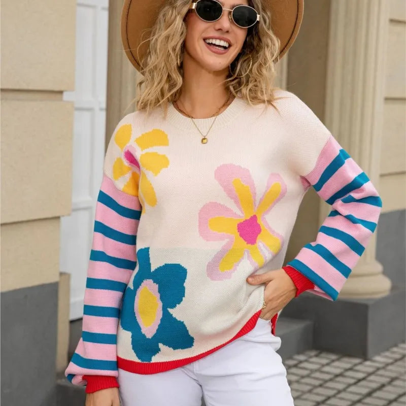 Winter Daily Commuting Women's Knitted Sweater Fashionable Flower Pattern Round Neck Long Sleeve Loose Sweater Casual Cute Top