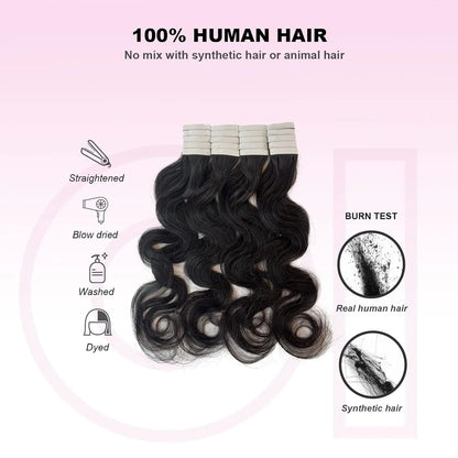 Body Wave Tape In Hair Extensions Natural Black 100% Human Hair Curly Wavy Skin Weft Invisible Full Head Tape ins Hair 20Pcs 50G