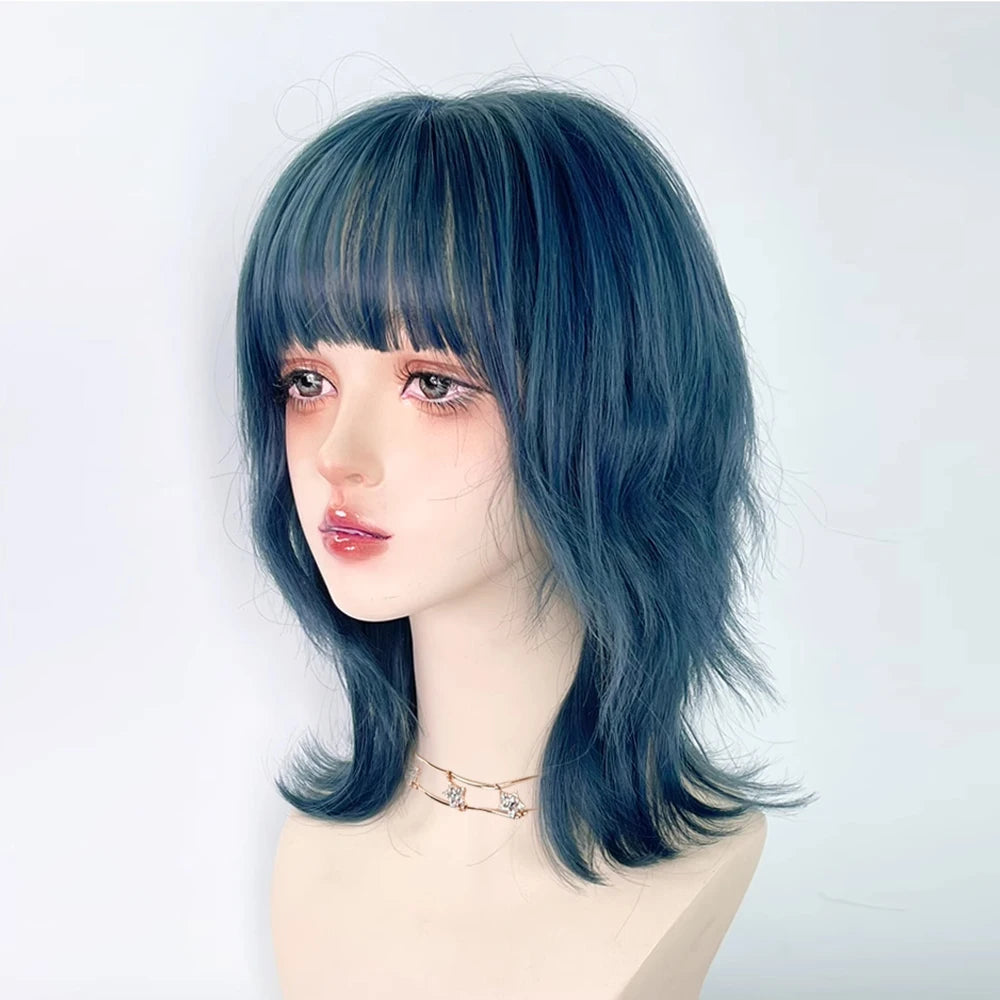Synthetic Short Curly Blue Mullet Head Wig With Bangs Women Cosplay Anime Realistic Fake Hair For Daily Party