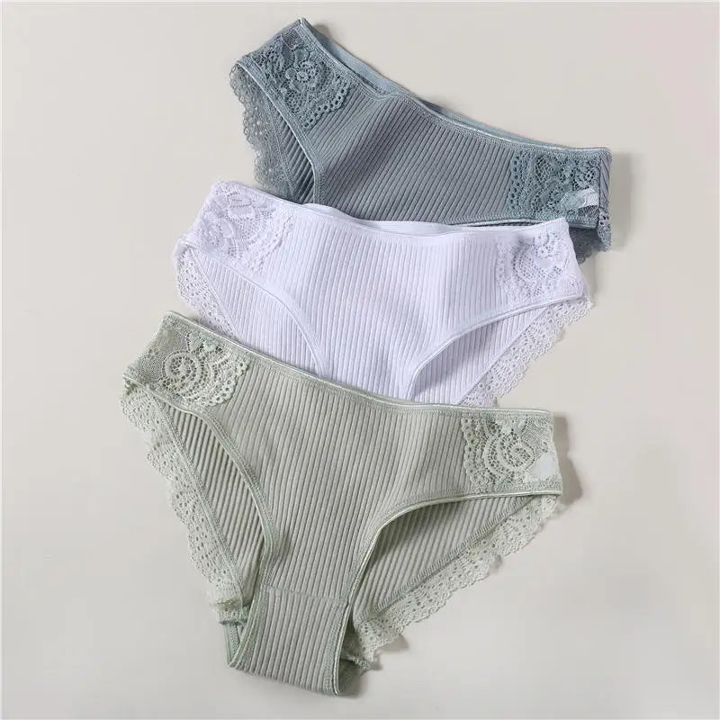 3PCS/Set 6 Color Women Panties Cotton Lace Briefs Solid Color for Female Striped Sexy Cotton Underwear Lingerie Low Waist Flower