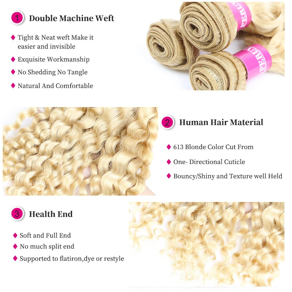 High Quality 613 Honey Blonde Colored Deep Wave Human Hair 1 3 4 Bundles Deal 28 30 32 Inch Long 100% Unprocessed Raw Vietnamese Human Hair Bundles Baby Soft Deep Curly Human Hair Bundles Extensions Can Be Dyed Wholesale Hair For Black Women Free Shipping