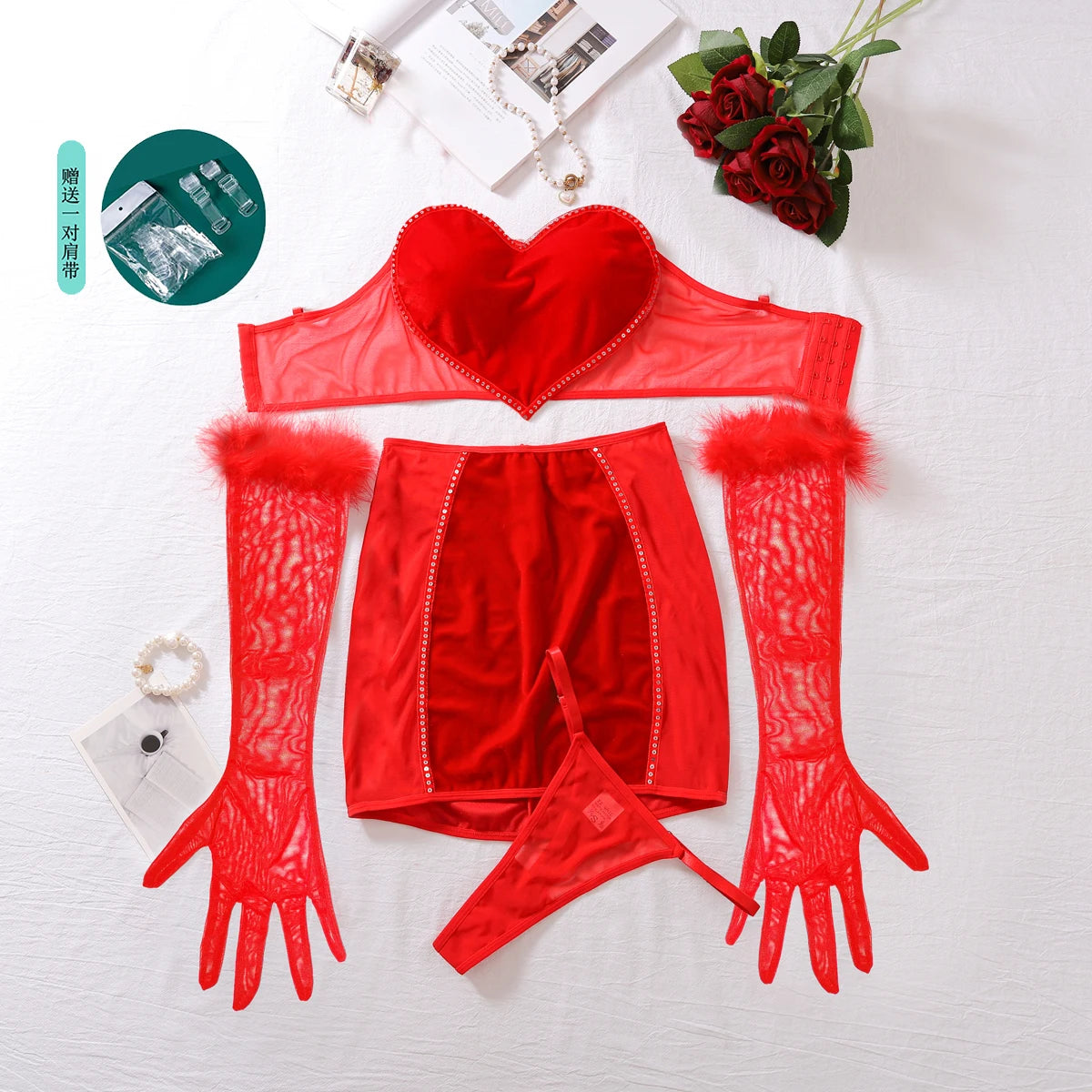 Luxury Lingerie Sexy Red Strapless Love Vest Wrap Hip Dress Set Comfortable See Through Mesh Erotic Four Piece Set