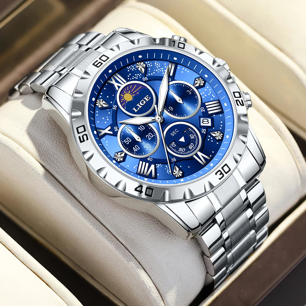 LIGE Top Brand Luxury Quartz Man Watch Casual Sport Waterproof Stainless Luminous Chronograph 24H Moon Phase Watches for Men+Box