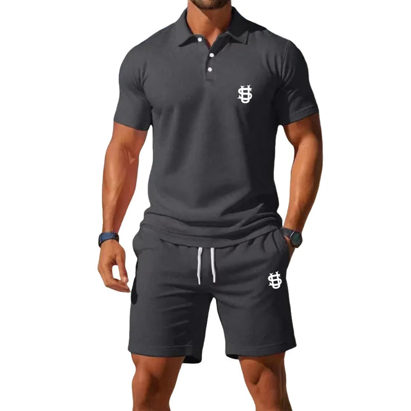 Men's summer sports outfit T-shirt top - two-piece set, including shorts, with a slim fit design and a gentleman's style