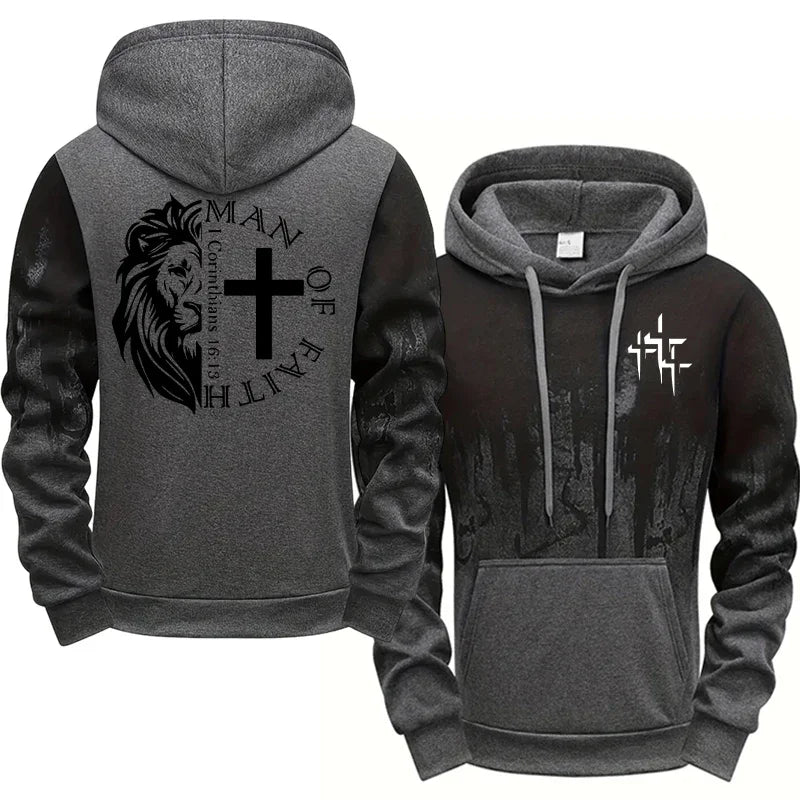 Man of Faith Pattern Men's Set Hooded Sweatshirt and Black Sweatpants Fall Winter Daily Casual Sports Jogger Suit Hoodie Outfits