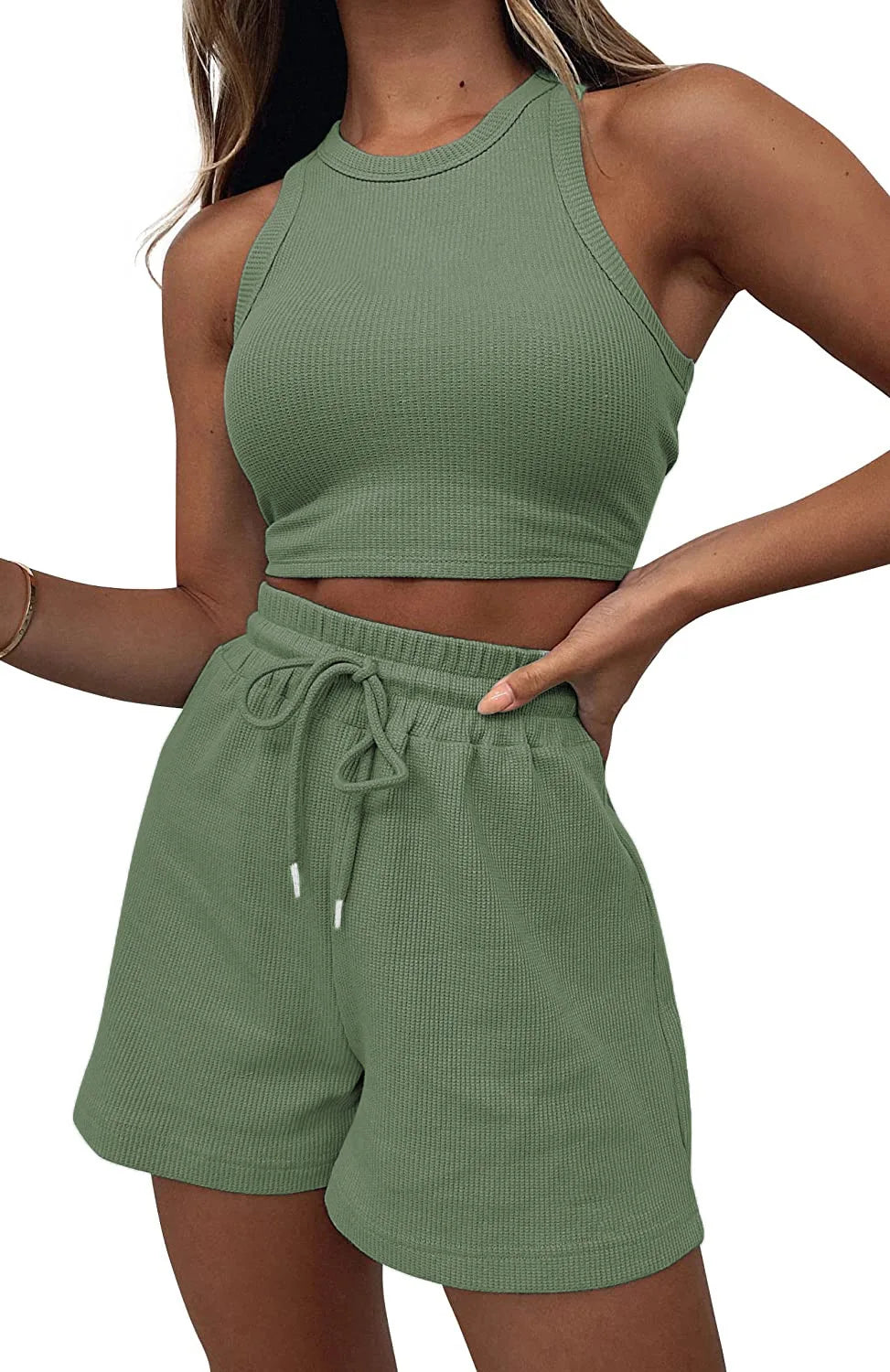 Hot Sells Women's Shorts 2-piece Set Waffle Short Vest Sports Running Elastic Waist Drawstring Summer Fashion Set for Female