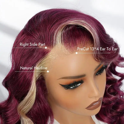 Alipearl Hair Side Part 13x4 Burgundy 99J Wig with Blonde Ombre Human Hair Lace Frontal Wig Ocean Wave Glueless Wig Pluck
