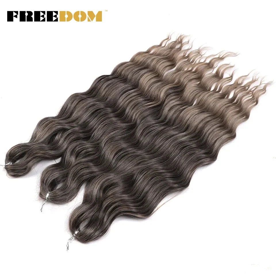 FREEDOM Synthetic Curly Braiding Hair Extensions 24 Inch/60 cm Long Deep Wavy Twist Crochet Braids Hair Ombre Brown Rainbow Hair