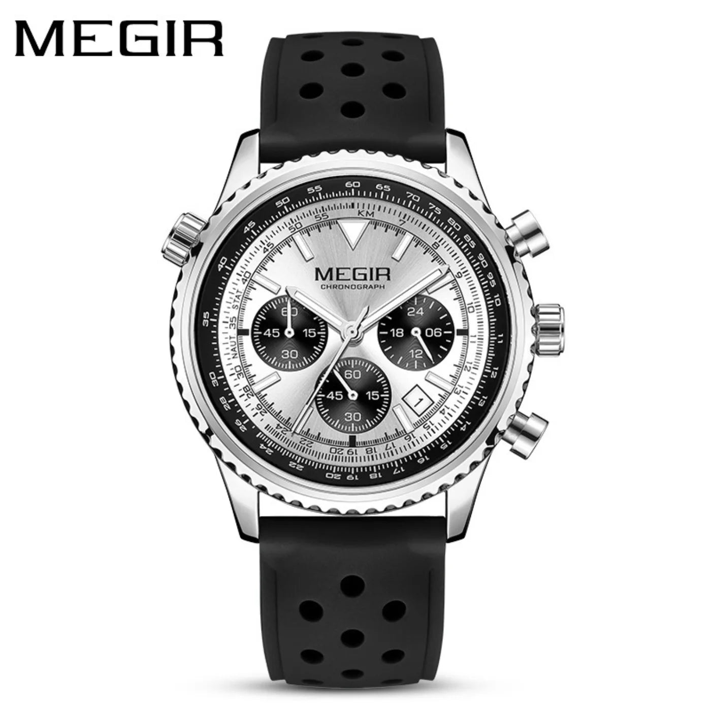 MEGIR Silver Black Quartz Watch Men Military Sport Chronograph Wristwatch with Silicone Strap Luminous Hands Auto Date 2236
