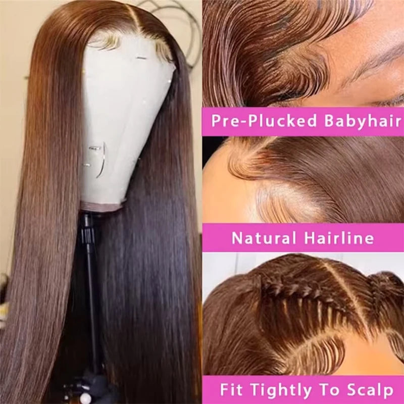 220% Density 34 Inch Chocolate Brown Bone Straight Lace Front Human Hair Wig Straight Wig 13x6 Transparent HD Lace Frontal Wigs