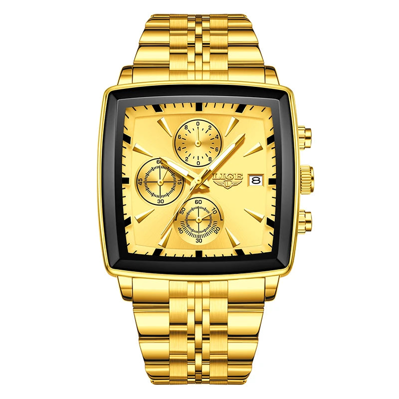 LIGE Business Men's Watches Square Waterproof Luminous Sports Quartz Watch Stainless Steel Strap Calendar Relogios Masculino+Box