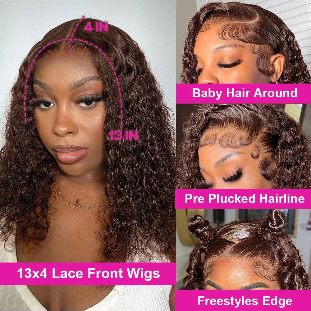 Wet And Wavy Lace Frontal Wig Short Bob Wig Pre Plucked #4 Deep Wave Full Virgin Human Hair Bob Brown Lace Front Wigs Bob Human Hair  Multi Part Pre Plucked with Baby hair