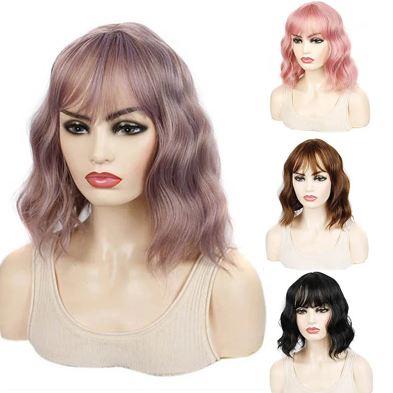 Jeedou 14 Inch Water Wave Bob Wig With Air Bangs Matte Synthetic Short Wavy Wigs For Women Daily Cosplay Colorful Wig