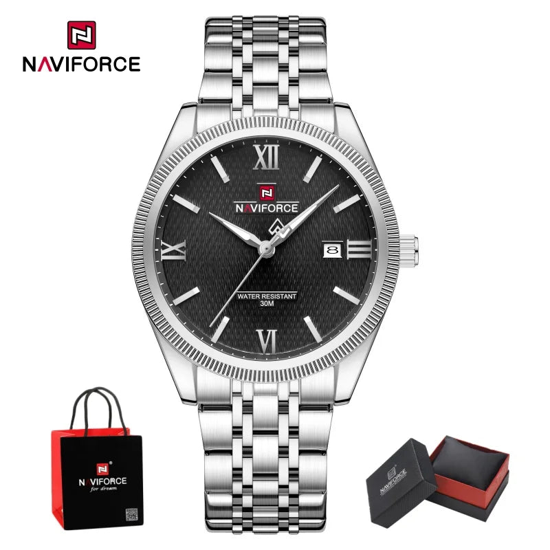 NAVIFORCE Men Elegant Business Stainless Steel Watch 30M Waterproof Luminous Hands Japan Movement Wristwatch Gifts box