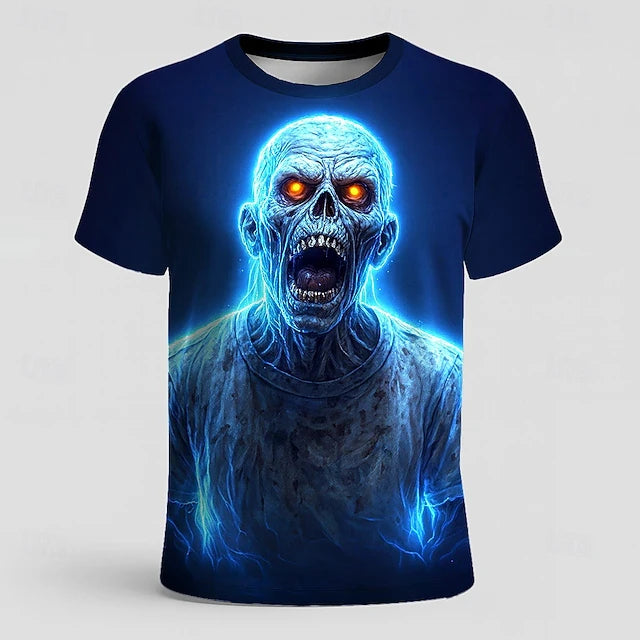 Fun Skull Zombie Horror Patte 3DPatte Sport Quickdry Breatha Men's T-Shirt Outdoor Street Cosplay Parent-child Clothing Summer