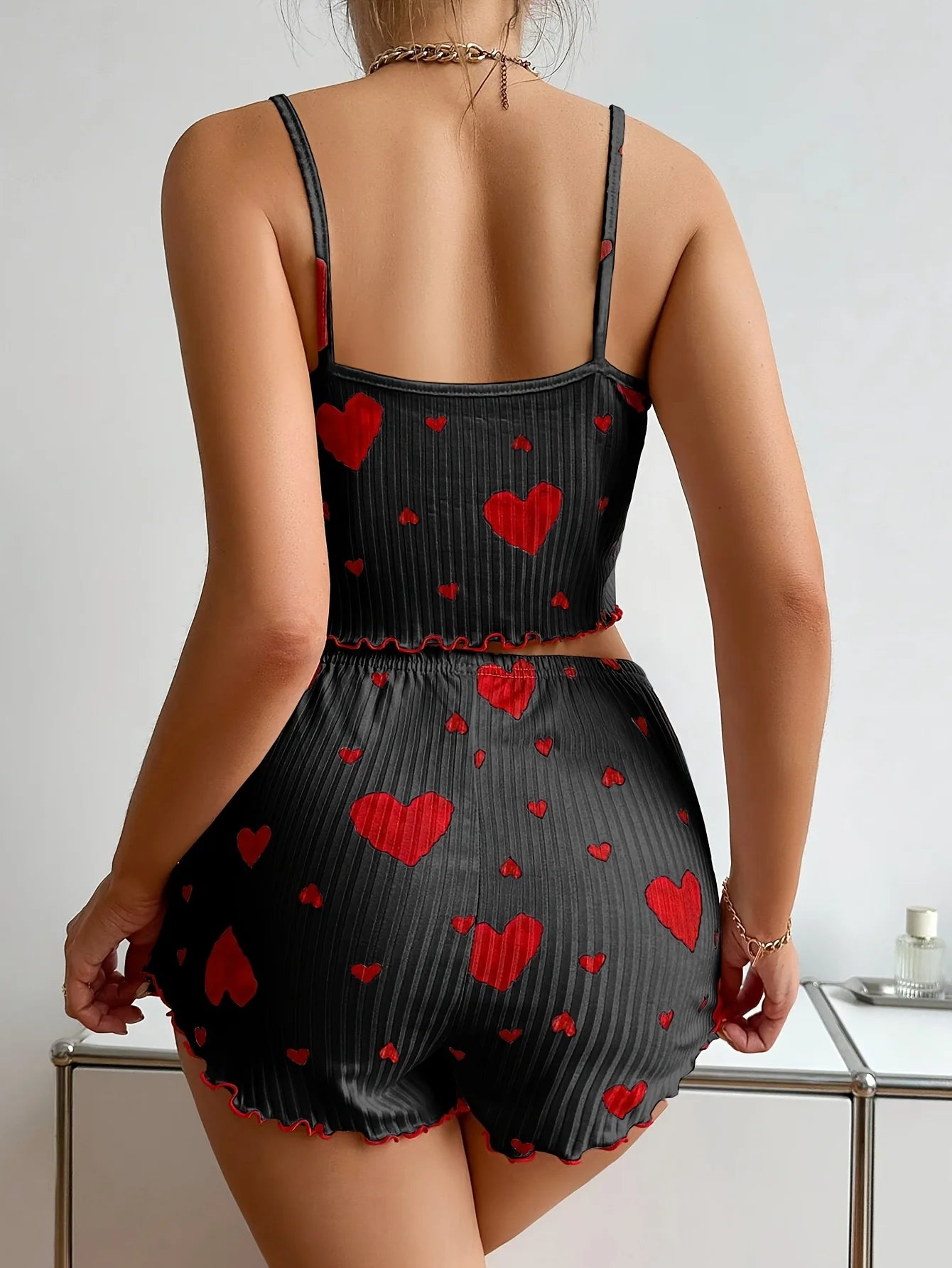 Women 2 Pieces Pajama Set Shorts Homewear Heart Print Underwear Pijamas Sexy Lingerie Camisoles Tanks Sleepwear