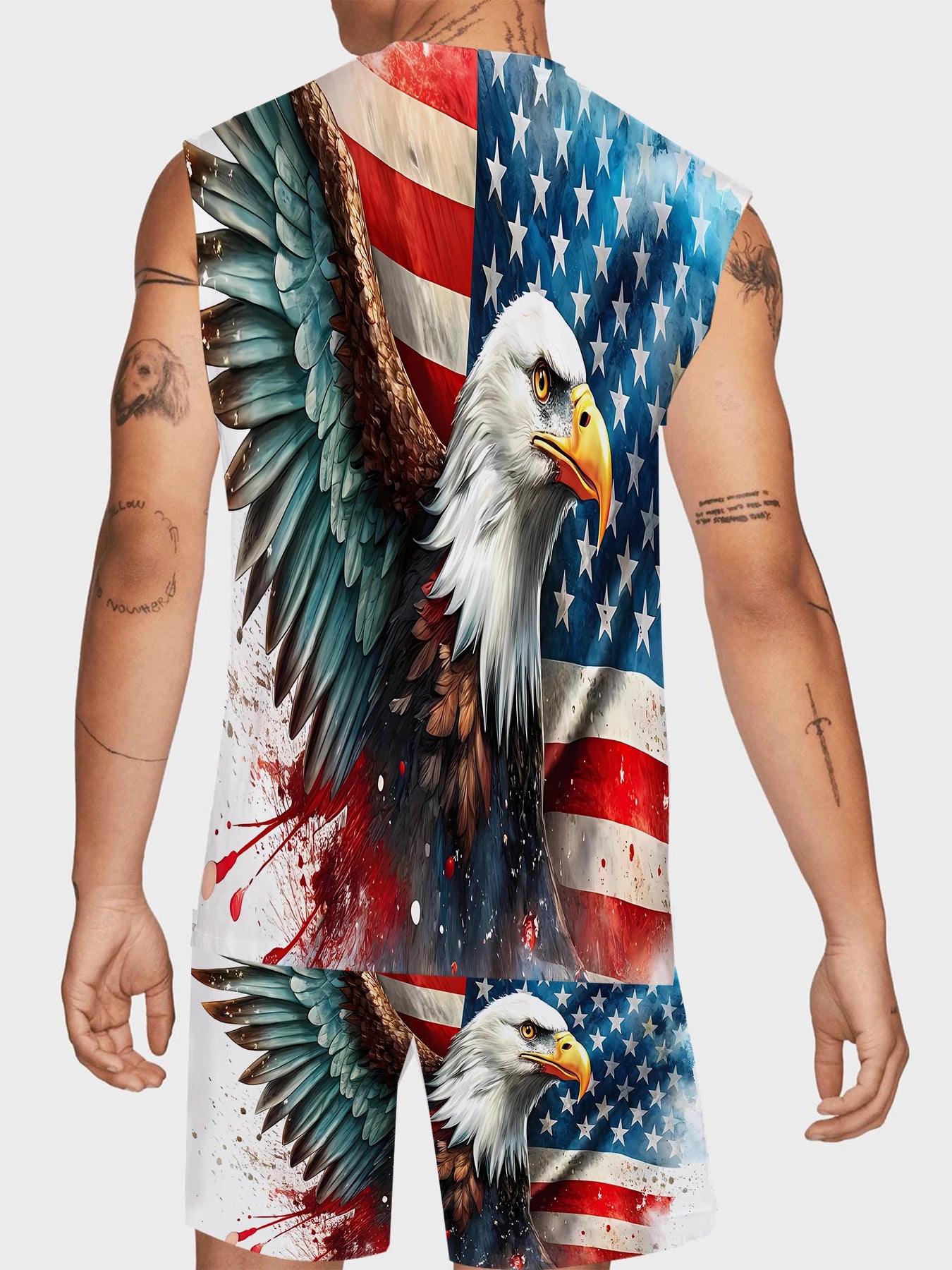 Men's Hawaiian Print Tank Top and Shorts Set Vibrant Polyester Summer Beach Suit Standard Size