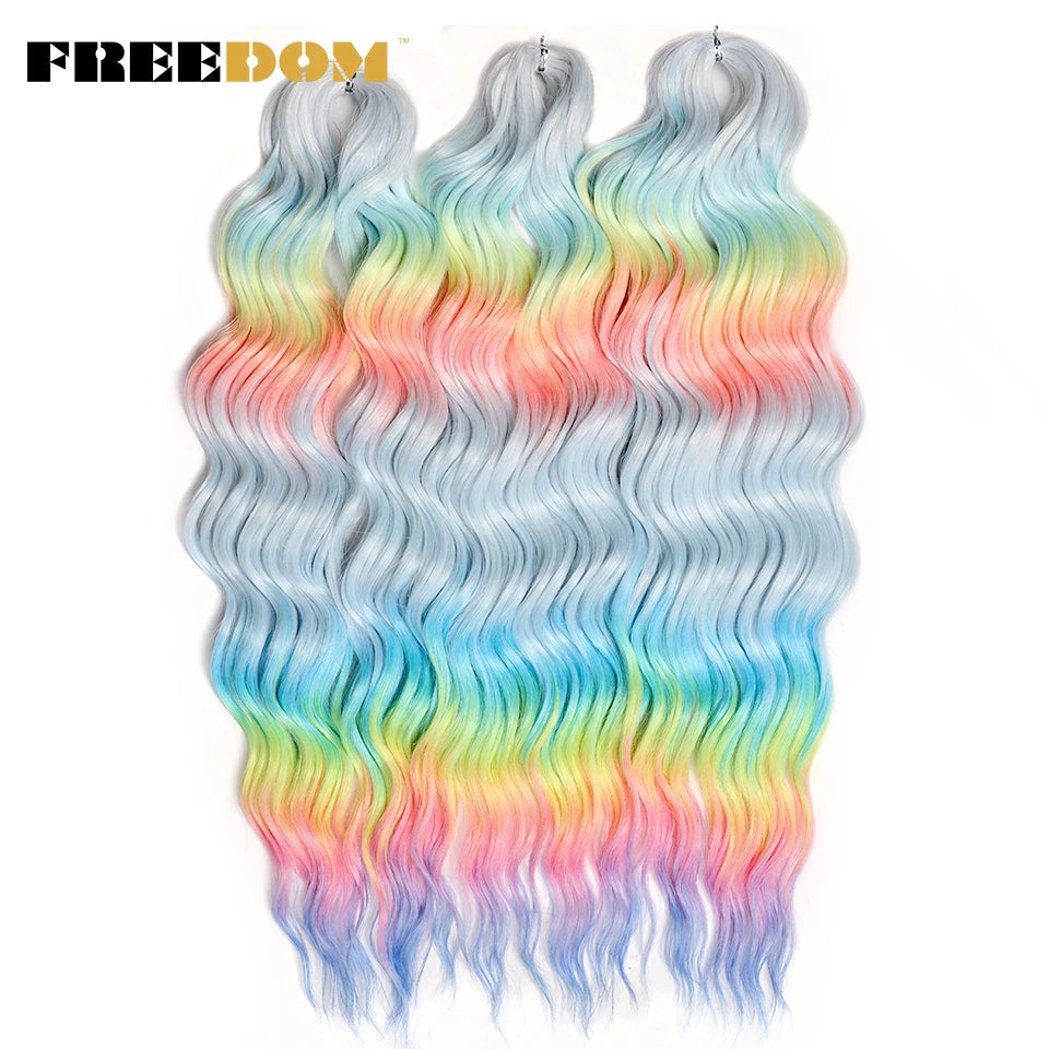 FREEDOM Synthetic Curly Braiding Hair Extensions 24 Inch/60 cm Long Deep Wavy Twist Crochet Braids Hair Ombre Brown Rainbow Hair