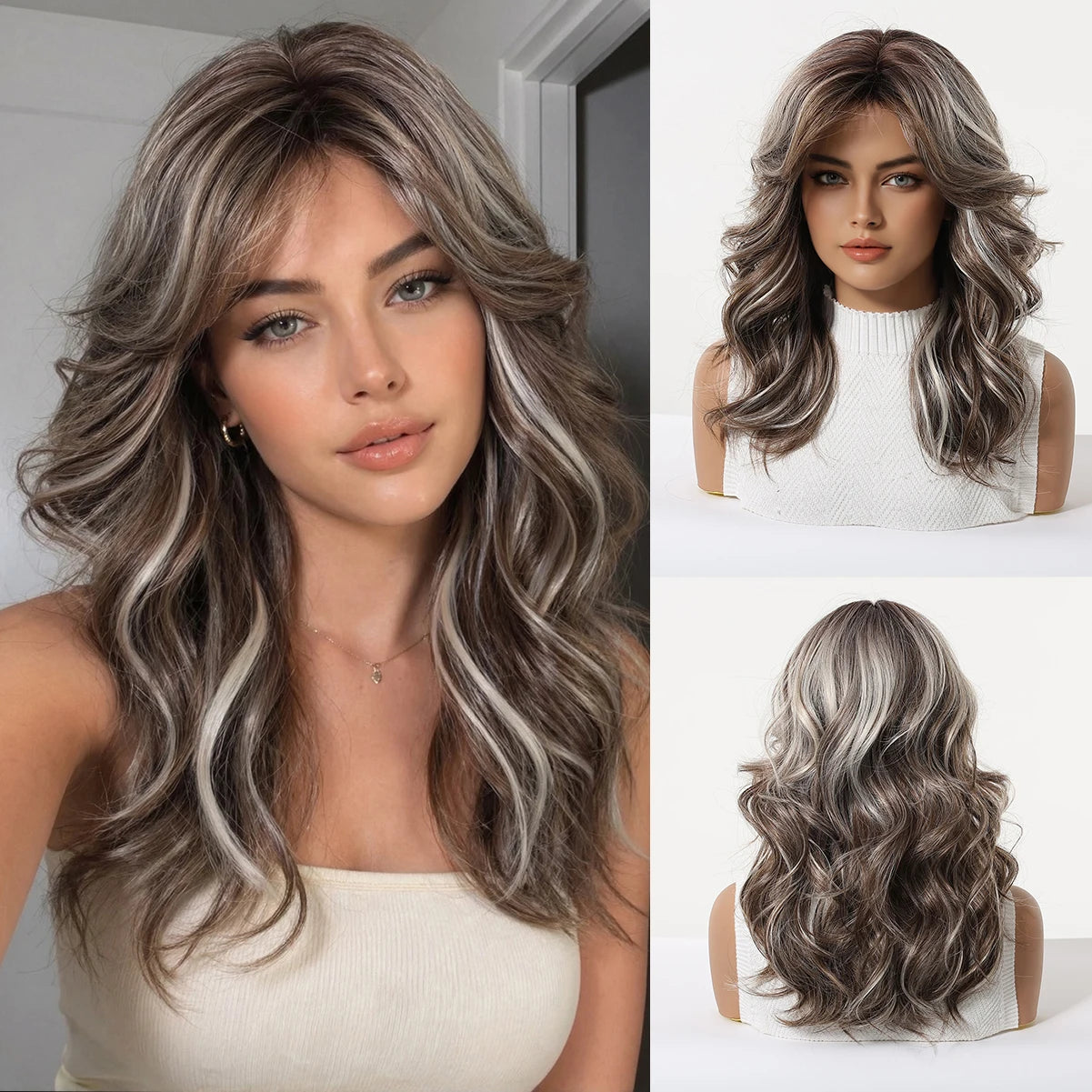 LOUIS FERRE Long Wavy Ombre Brown Wig with Bangs Synthetic Hair Wig Heat Resistant Daily Wear Office Party Cosplay Halloween