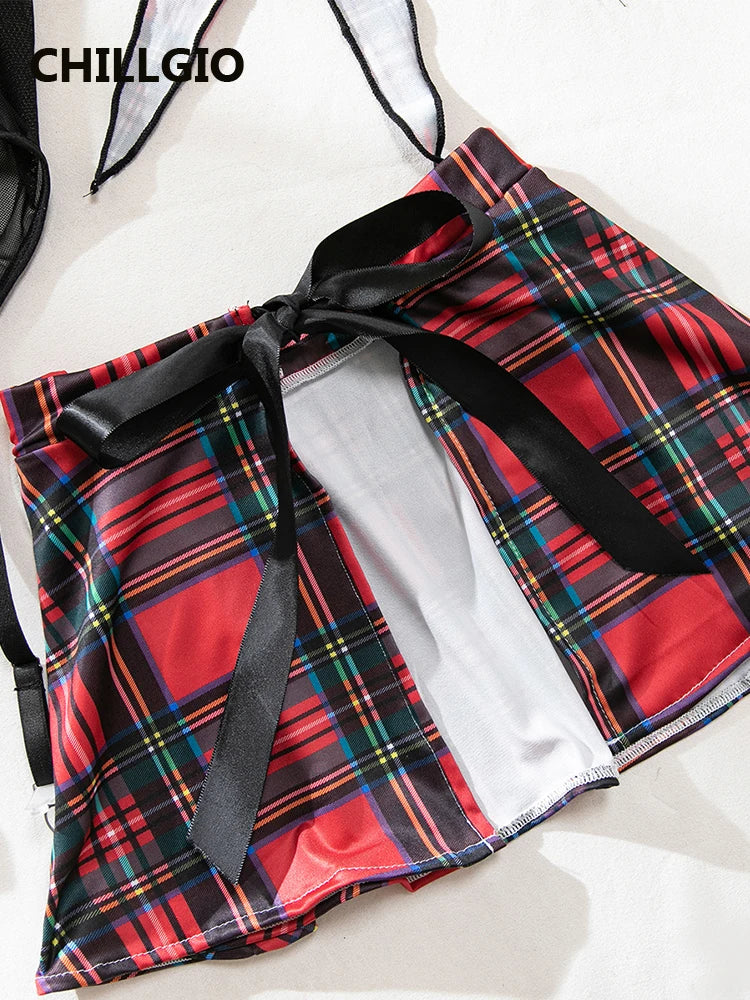 CHILLGIO Women Plaid Print Bodysuits Skirts 4 Pieces Sets Fashion Erotic Cosplay One Pieces Combination Strappy Rompers Lingerie