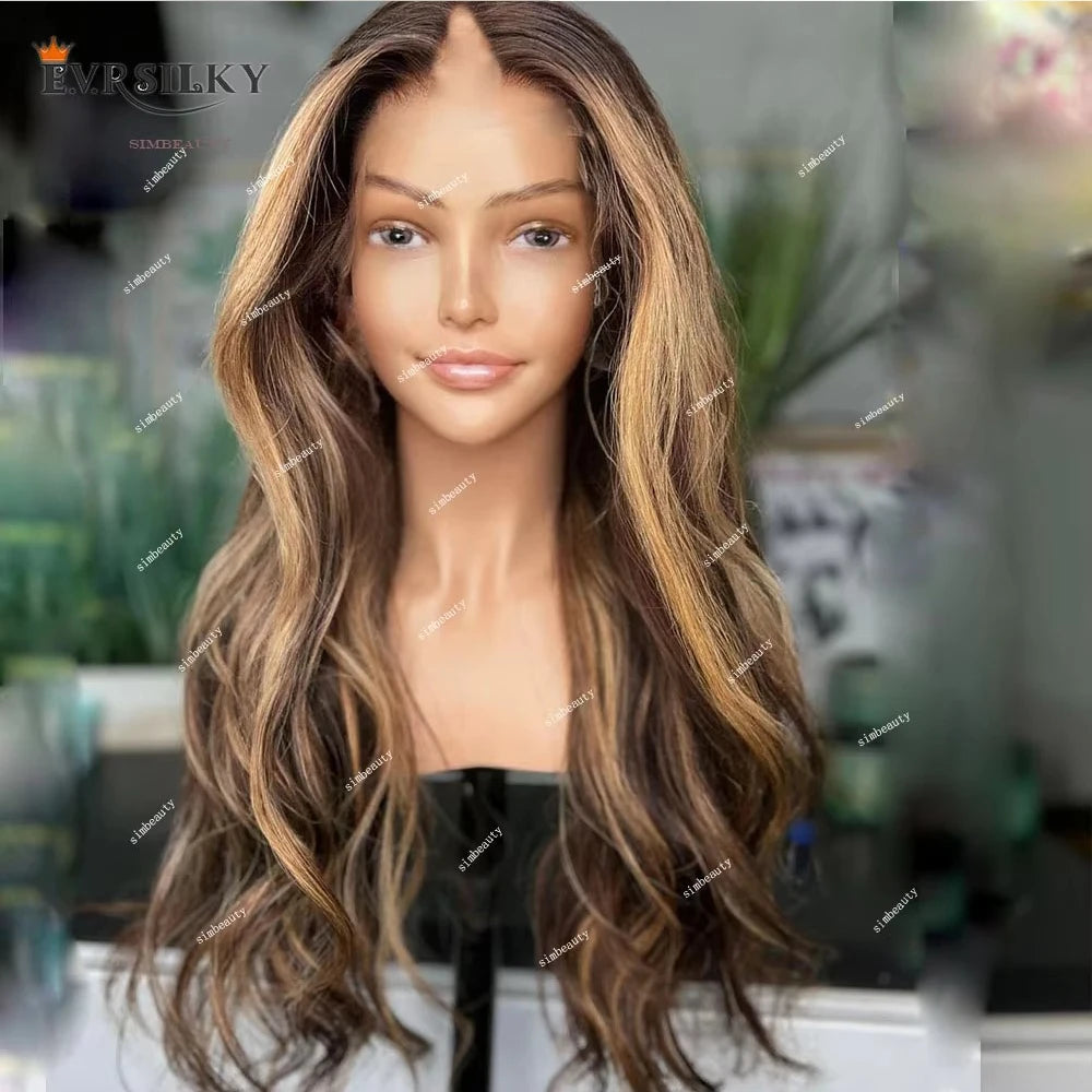 Highlights Honey Blonde Loose Wave V Part Wig 100% Human Hair Wig Ombre Chestnut Brown Body Wavy Cheap Full U Shape End 250%