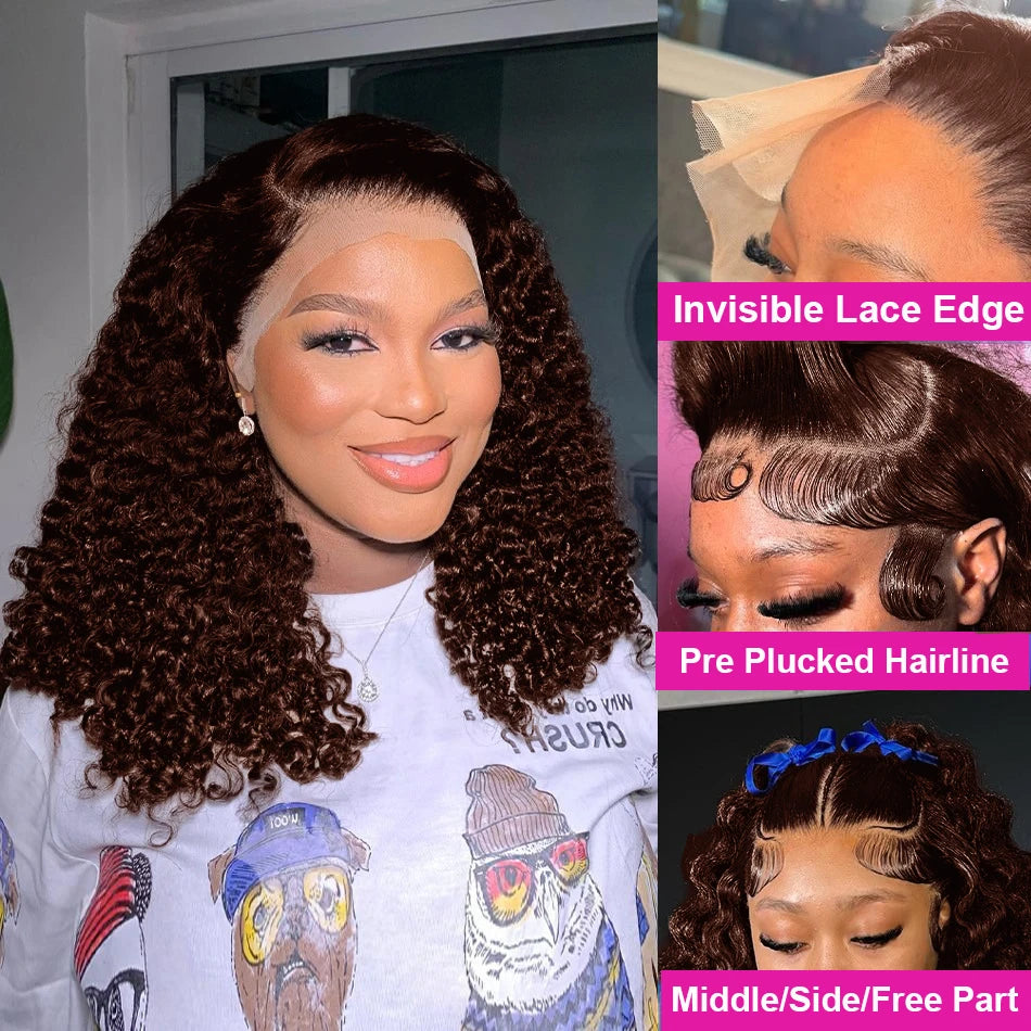 Wet And Wavy Lace Frontal Wig Short Bob Wig Pre Plucked #4 Deep Wave Full Virgin Human Hair Bob Brown Lace Front Wigs Bob Human Hair  Multi Part Pre Plucked with Baby hair