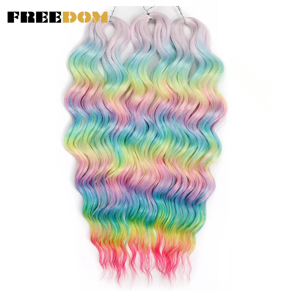 FREEDOM Synthetic Curly Braiding Hair Extensions 24 Inch/60 cm Long Deep Wavy Twist Crochet Braids Hair Ombre Brown Rainbow Hair