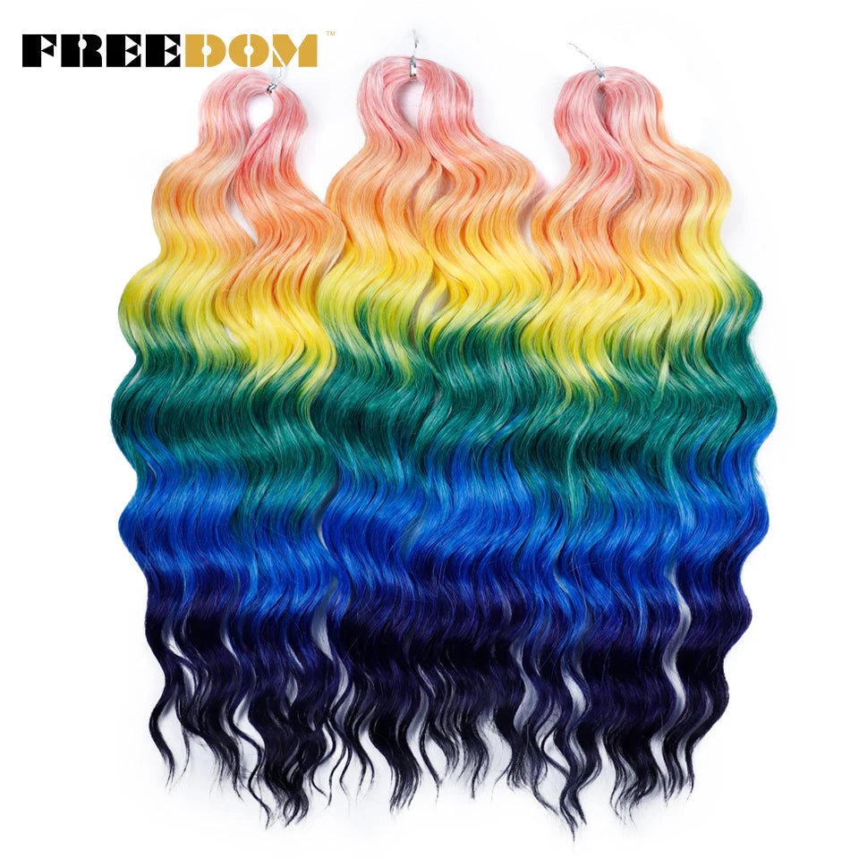 FREEDOM Synthetic Curly Braiding Hair Extensions 24 Inch/60 cm Long Deep Wavy Twist Crochet Braids Hair Ombre Brown Rainbow Hair