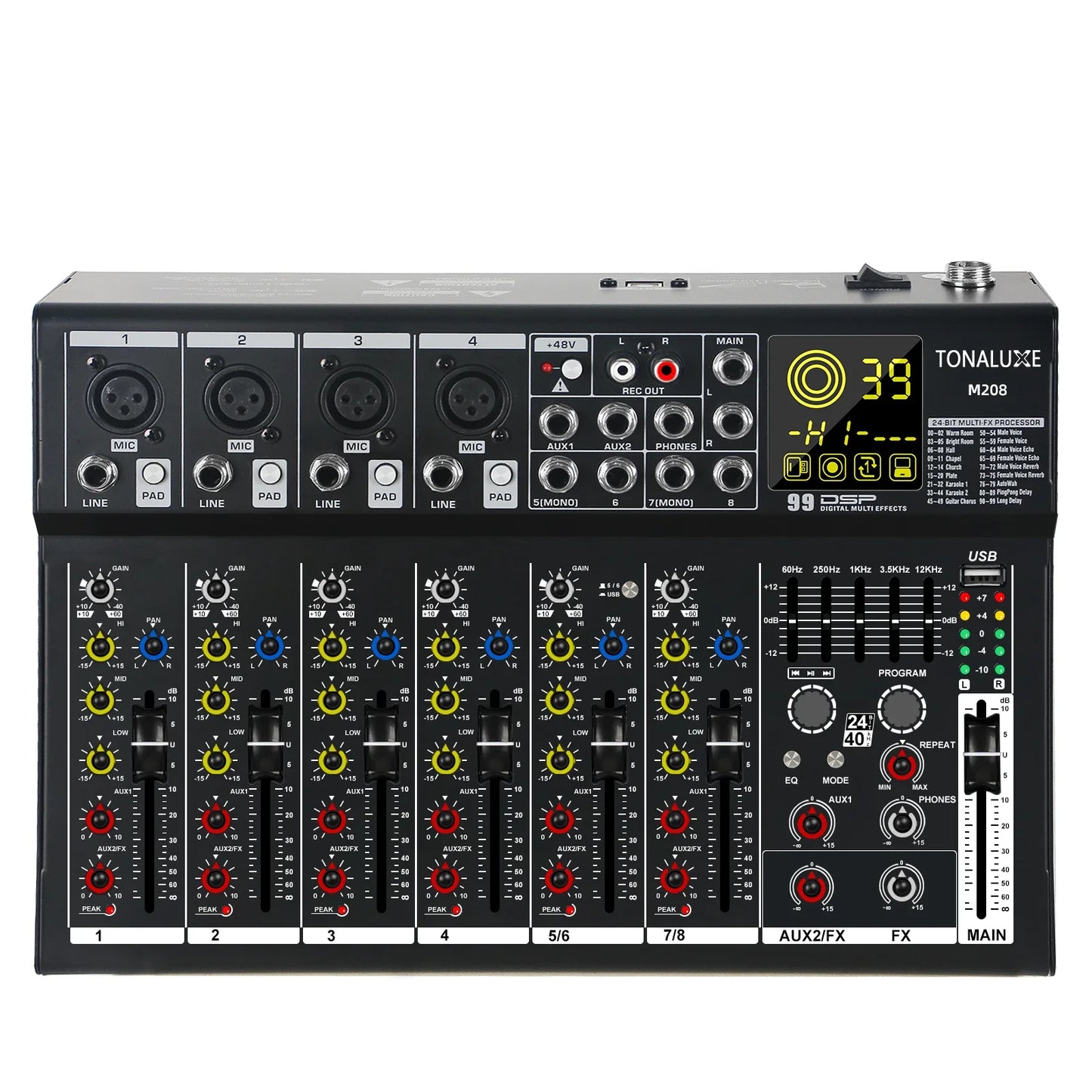 Fuluode M206/M208 Audio mixer 99 Preset DSP Effects 7-Band EQ Adjustment on Main Output Bluetooth USB MONO Input Connectivity