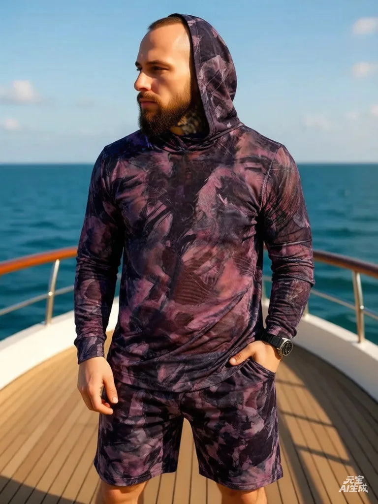 2026 New Camouflage Print Unisex Hooded Two Piece Set Long Sleeve Shirt Shorts Breathable Loose Summer Beach Streetwear Casual W