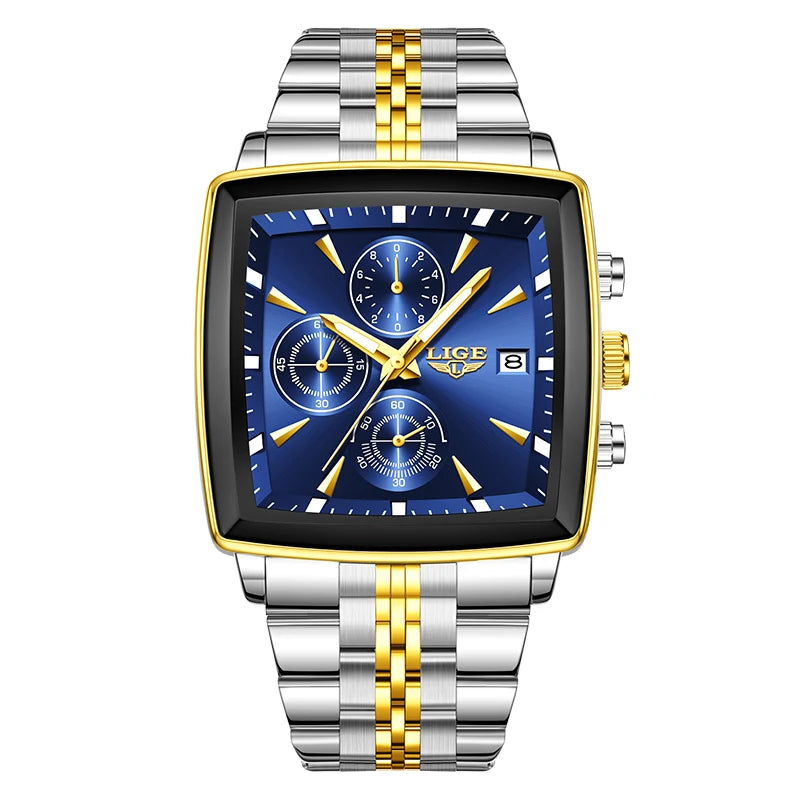 LIGE Business Men's Watches Square Waterproof Luminous Sports Quartz Watch Stainless Steel Strap Calendar Relogios Masculino+Box