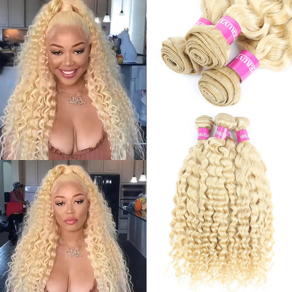 High Quality 613 Honey Blonde Colored Deep Wave Human Hair 1 3 4 Bundles Deal 28 30 32 Inch Long 100% Unprocessed Raw Vietnamese Human Hair Bundles Baby Soft Deep Curly Human Hair Bundles Extensions Can Be Dyed Wholesale Hair For Black Women Free Shipping