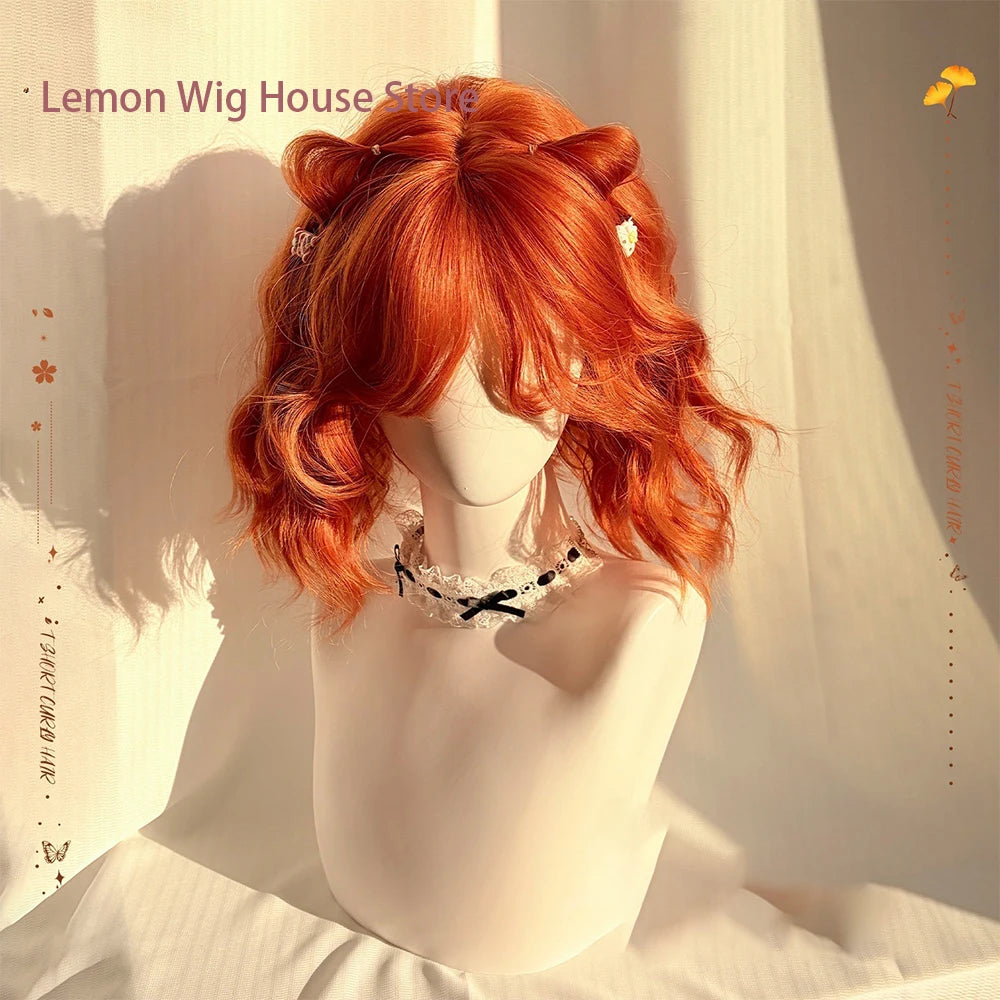 Short Wavy Orange Wig with Bangs 12inch Curly Hair Lolita High Quality Synthetic Wigs for Women Daily Cosplay Wig Heat Resistant