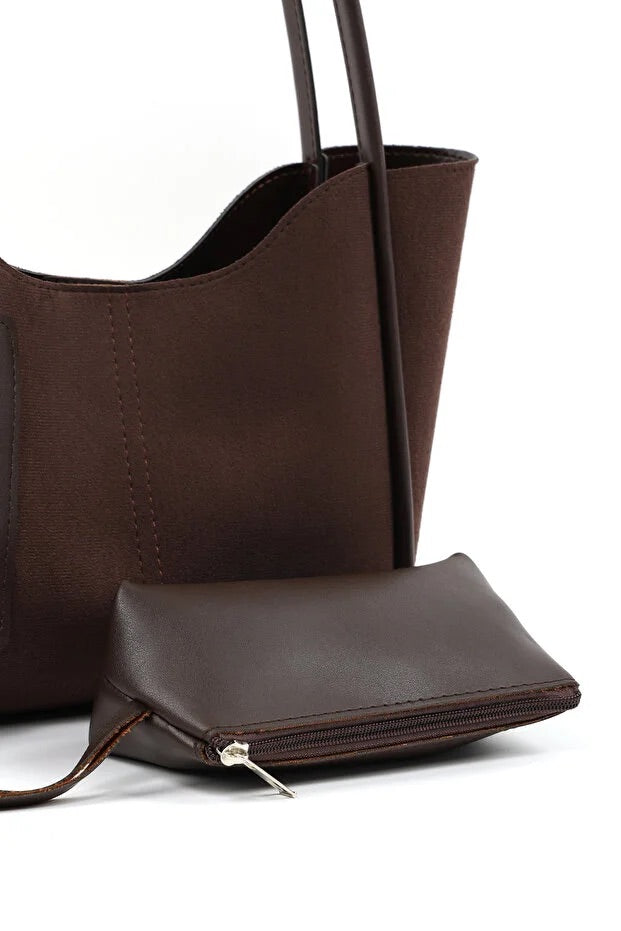 Brown suede SHK108 women hand and shoulder bag with wallet and makeup