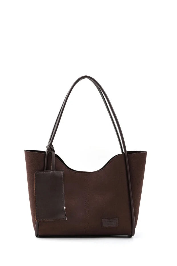 Brown suede SHK108 women hand and shoulder bag with wallet and makeup