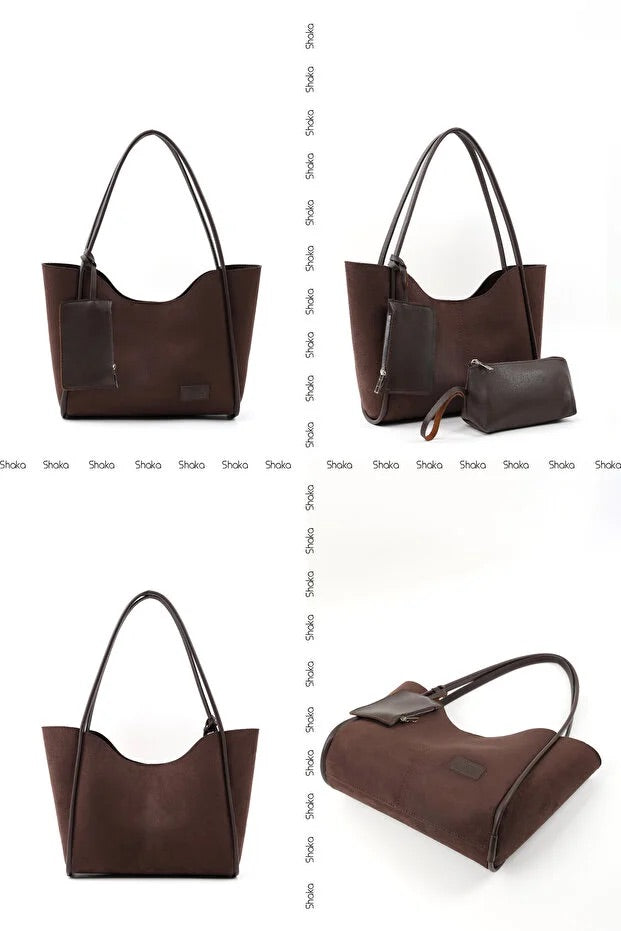 Brown suede SHK108 women hand and shoulder bag with wallet and makeup