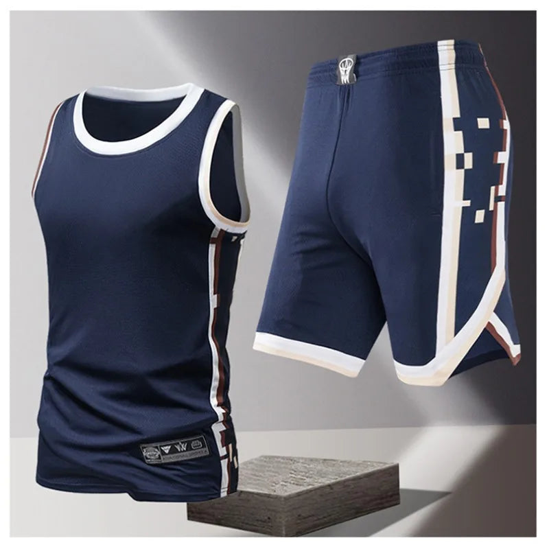 Summer Daily Outdoor Leisure Trend Versatile Sportswear Men Fashion Trend Sports Sleeveless Vest Five Quarter Shorts 2-piece Set