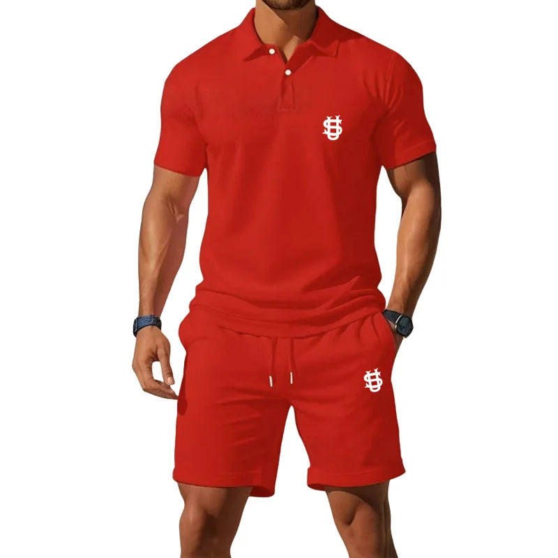 Men's summer sports outfit T-shirt top - two-piece set, including shorts, with a slim fit design and a gentleman's style