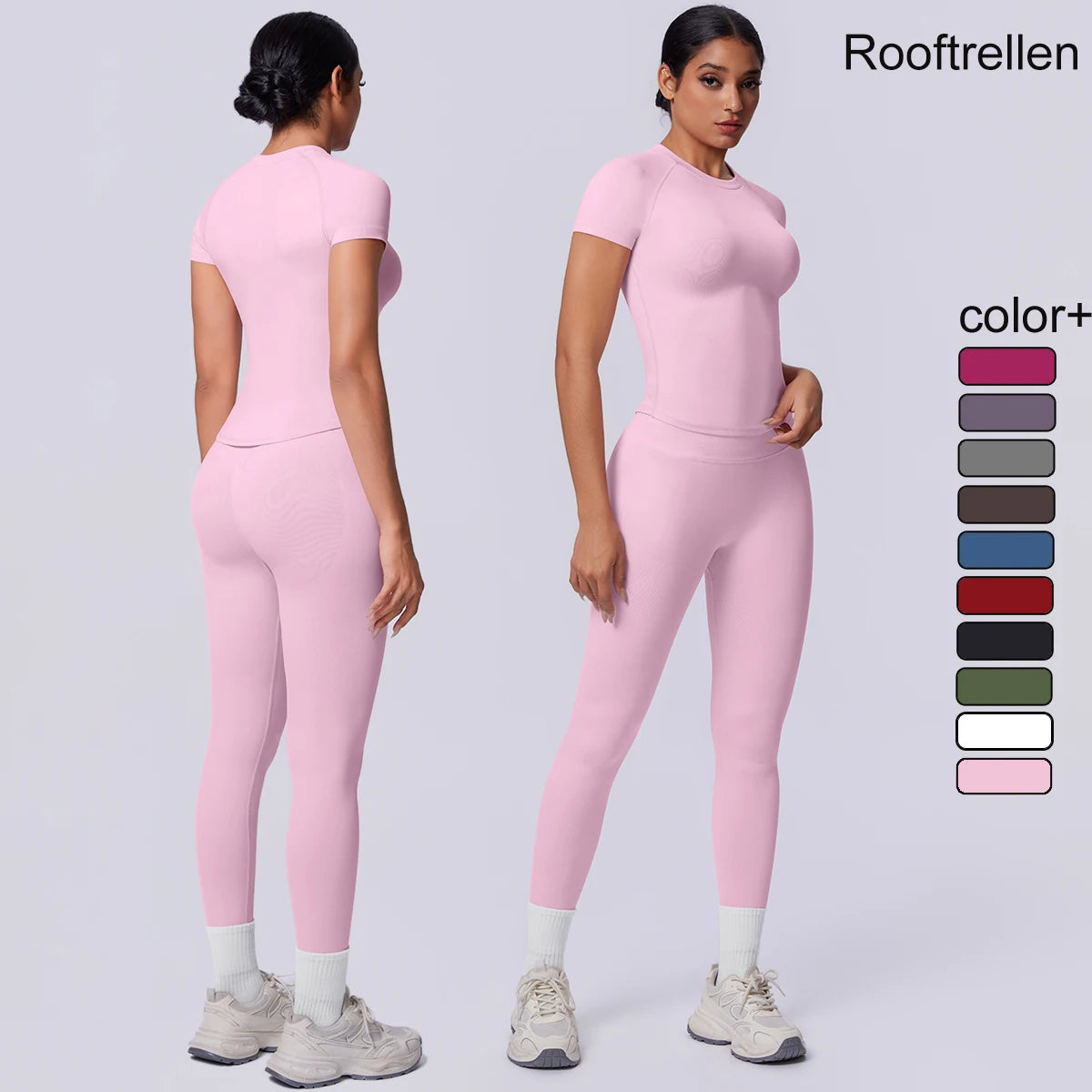 Rooftrellen New 2PCS/set Yoga Set Summer Quick Drying Fitness Sports Workout Top T-Shirt High Stretch Seamless Yoga Leggings Set