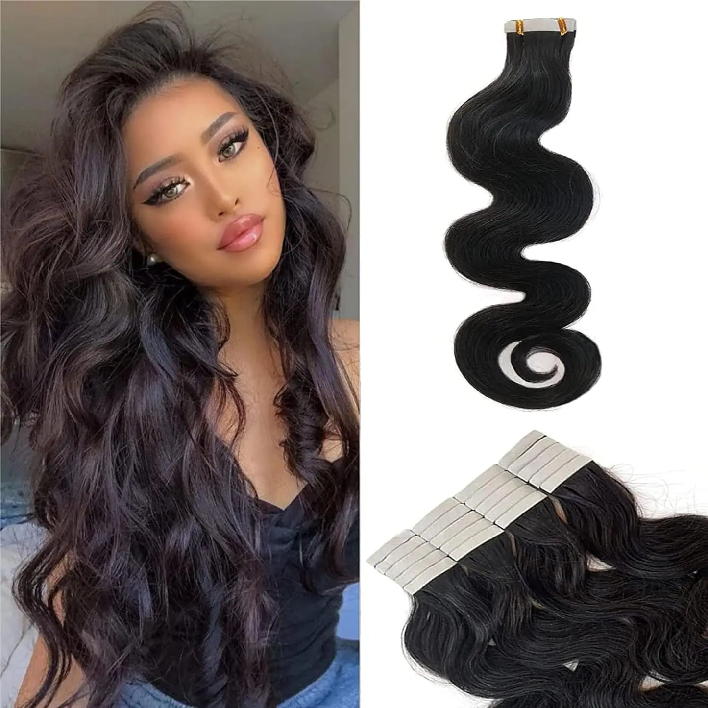 Body Wave Tape In Hair Extensions Natural Black 100% Human Hair Curly Wavy Skin Weft Invisible Full Head Tape ins Hair 20Pcs 50G