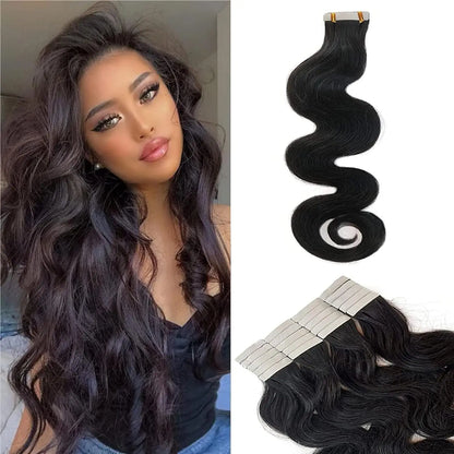Body Wave Tape In Hair Extensions Natural Black 100% Human Hair Curly Wavy Skin Weft Invisible Full Head Tape ins Hair 20Pcs 50G